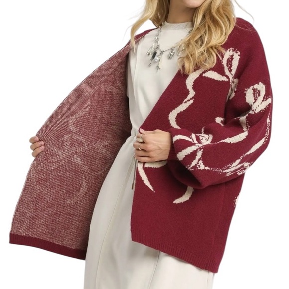 Umgee Bow Print Sweater Cardigan Balloon Sleeve in Burgundy & Tan - Picture 4 of 4